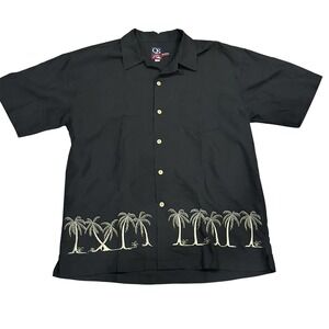 Quiksilver Mens Hawaiian Aloha Shirt Large Black‎ Casual Button Down Embroidered